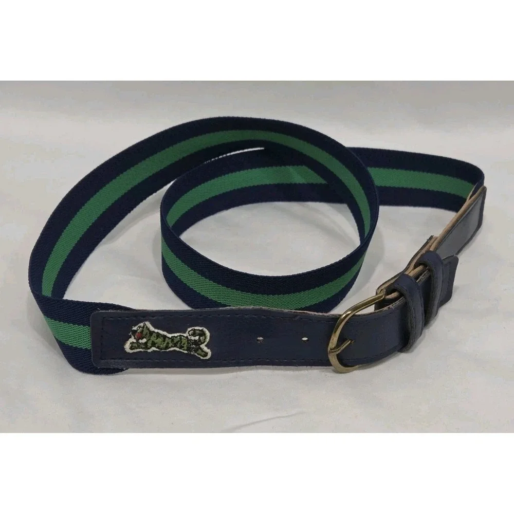 Le Tigre Web‎ Stretch Belt Mens 33 Navy Blue Green Striped Canvas Preppy Logo